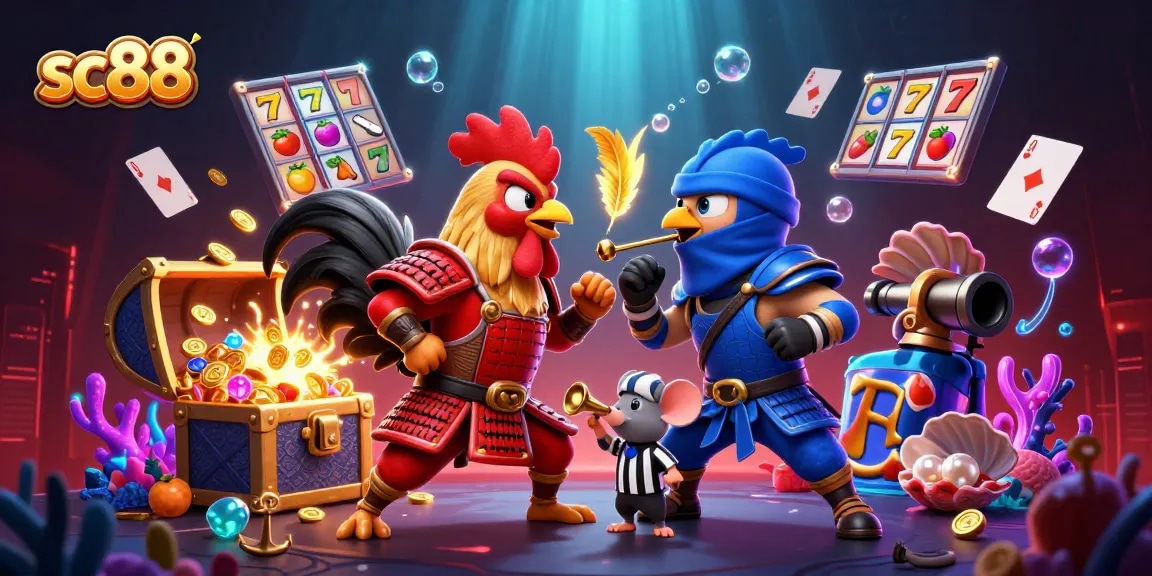 Engage with the sc88 thrilling showdown of samurai and ninja roosters in a lively casino-themed battle.