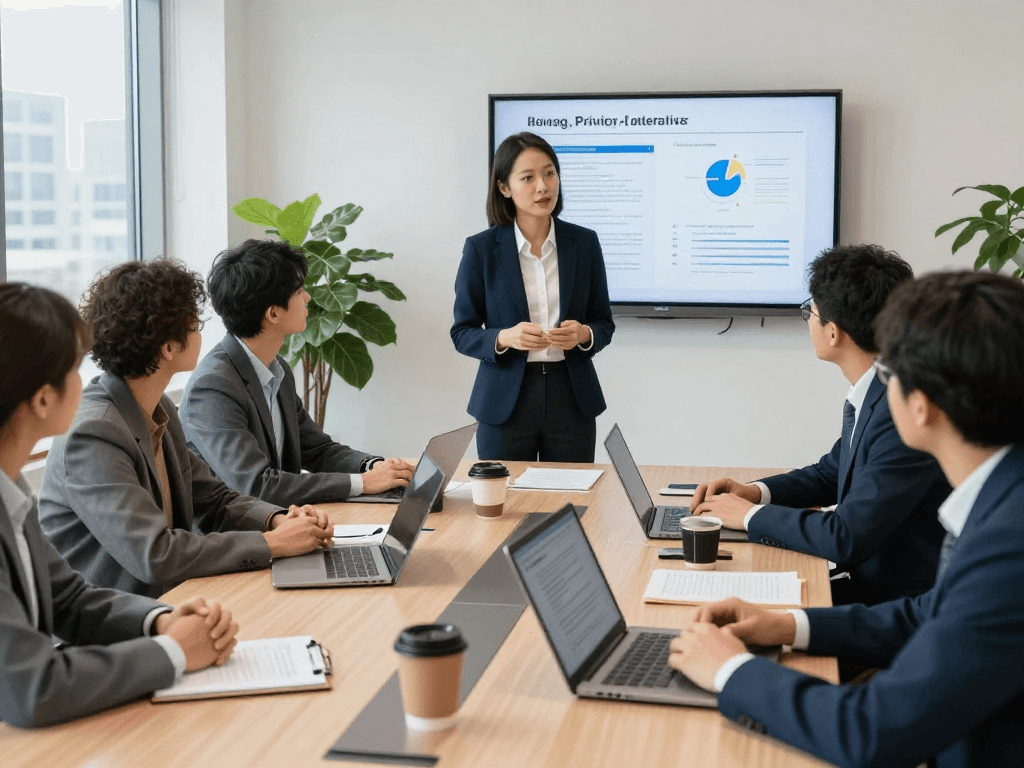 Wirtschaft und Verwaltung Wohnungsbaugenossenschaften in einem professionellen Beratungsgespräch zur Datenverarbeitung und Barrierefreiheit.