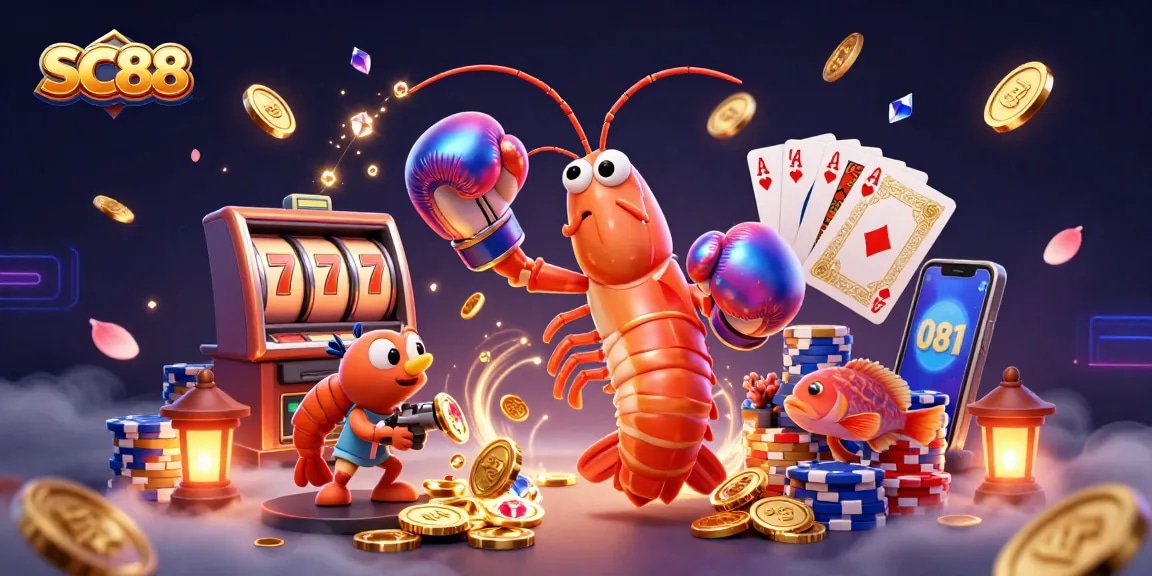 SC88 showcases a vibrant casino scene with a mantis shrimp and slot reels filled with treasures.