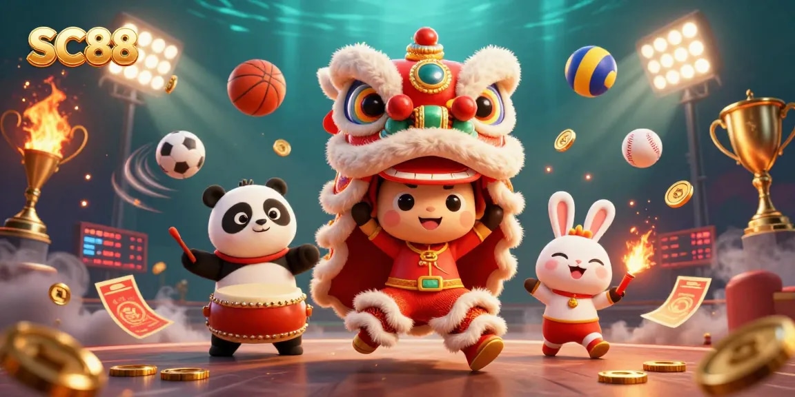Experience SC88 with this vibrant 3D illustration featuring dynamic casino elements and Chinese New Year characters.