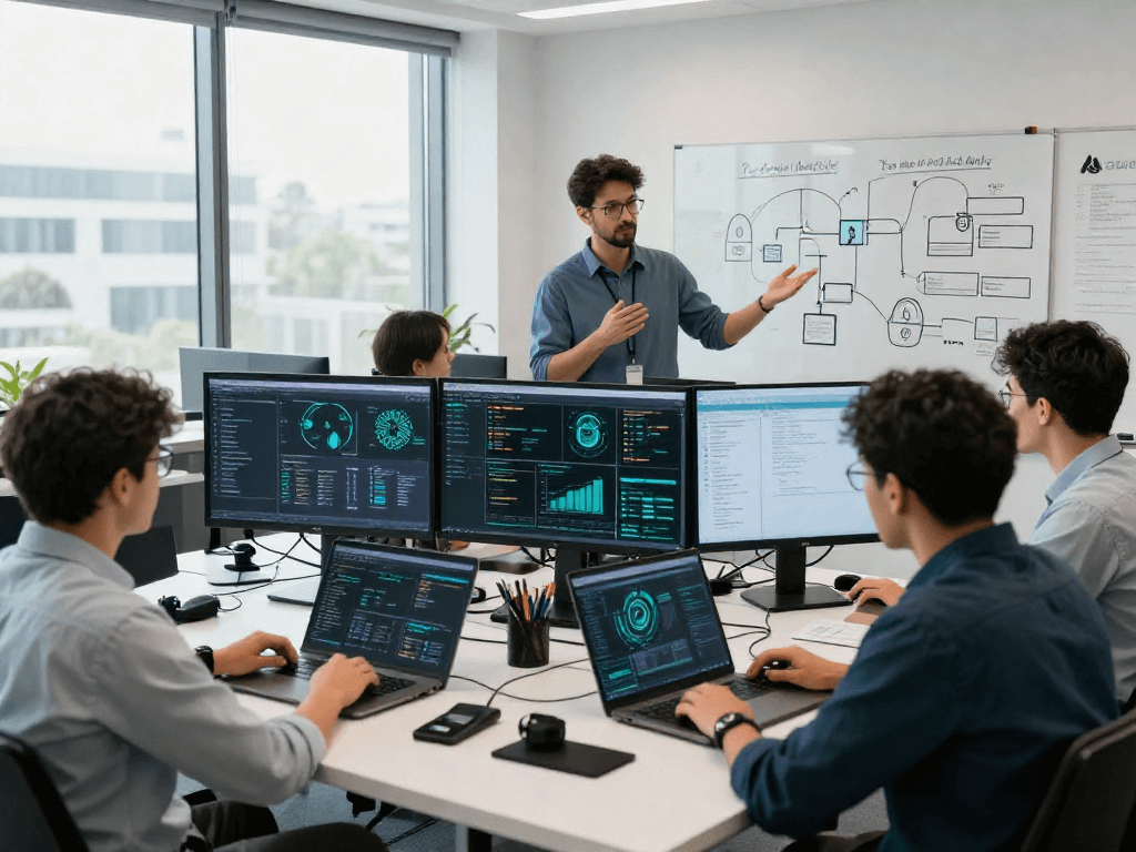 IT Service Frankfurt: Professionelles Team analysiert Cybersecurity-Daten in einem modernen Büro.