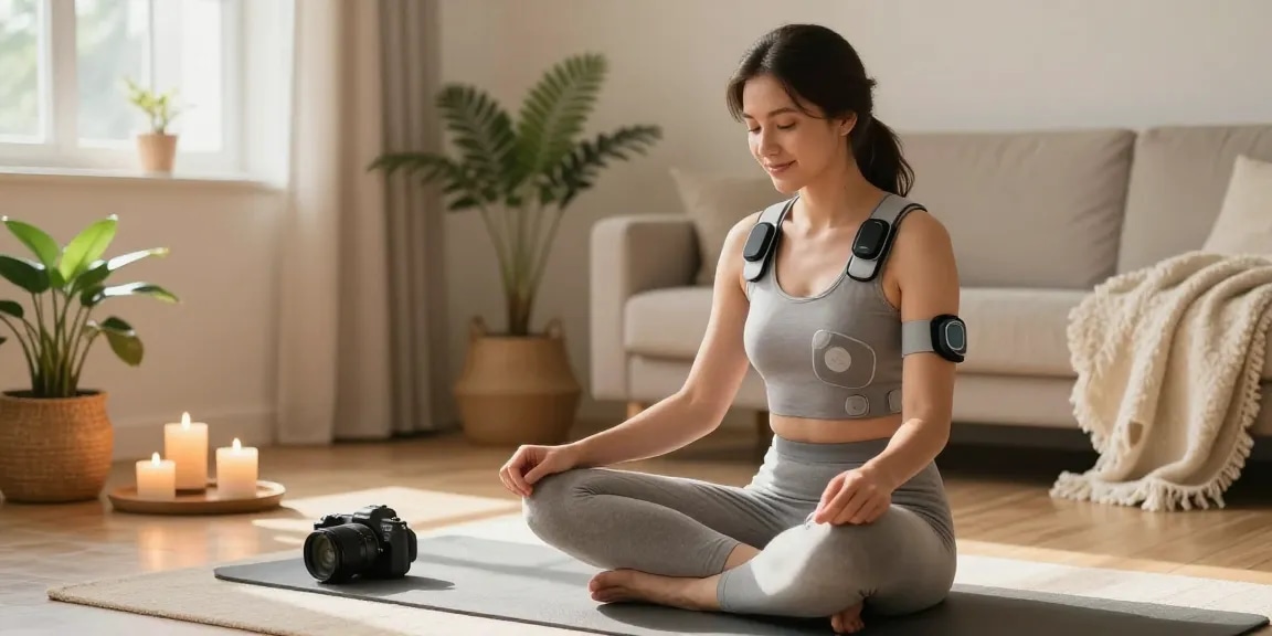 Vagusnervstimulation gerät testsieger showcased in a tranquil home setting, woman using device for stress relief and relaxation.