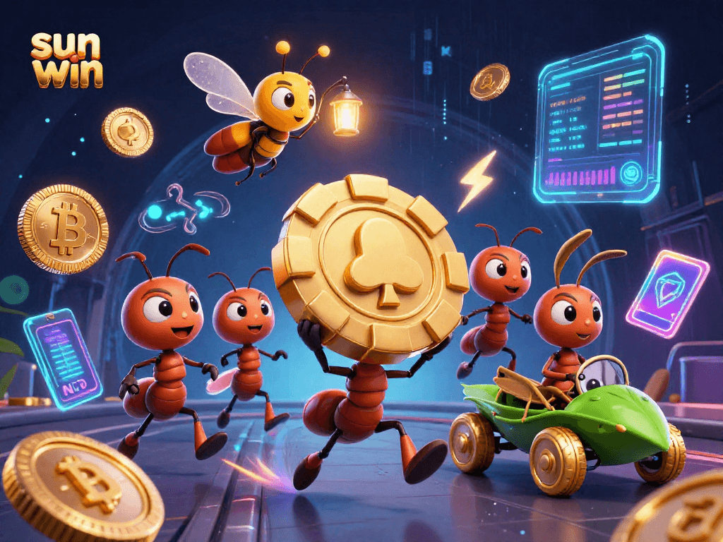 Experience the thrill of sun win as ants carry a golden poker chip in a vibrant casino scene.