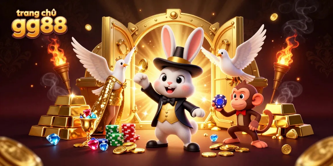 Experience the excitement of trang chủ gg88 with a magical scene of a rabbit and helpers collecting coins in a vibrant casino setting.