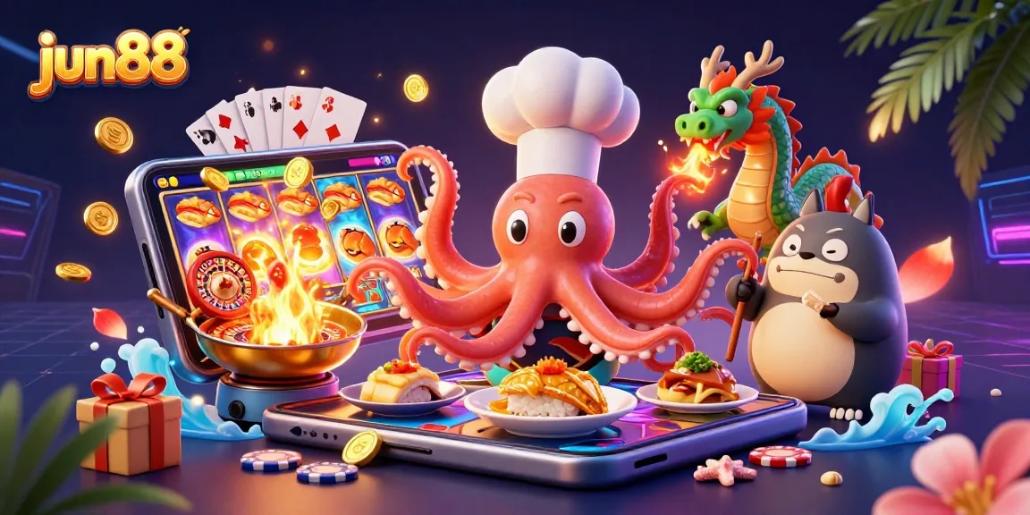 Experience the thrilling atmosphere of jun88 as players engage with diverse games, showcasing vibrant slot machines and dynamic casino elements.