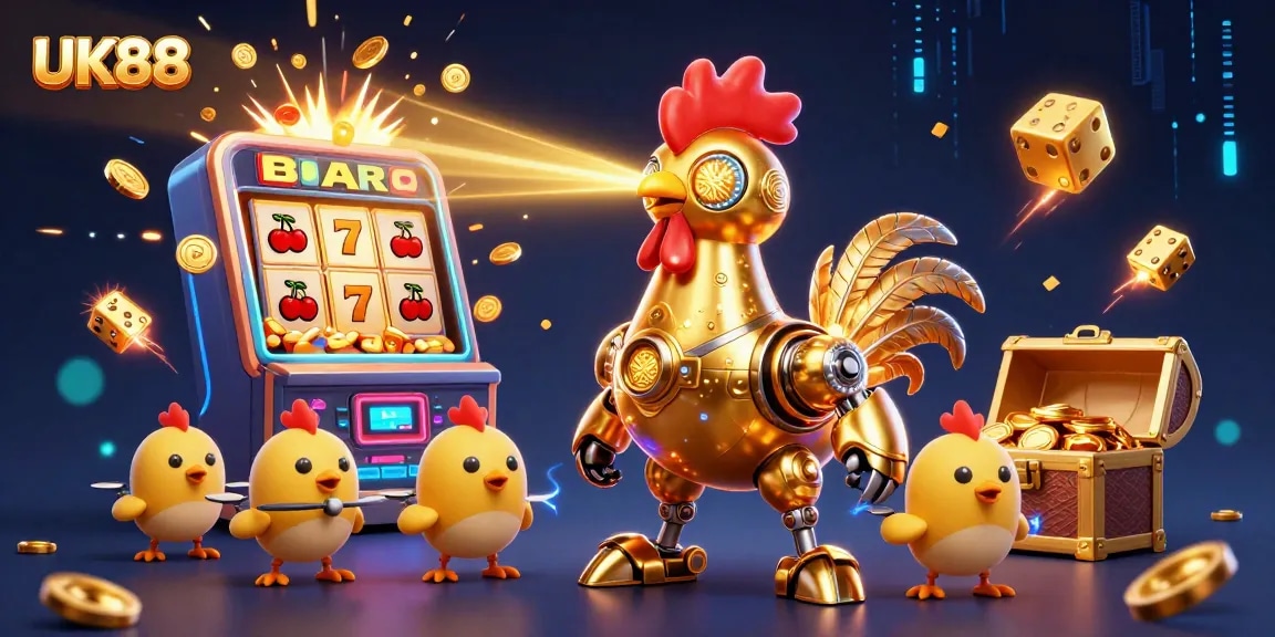 Engage in thrilling gameplay with UK88's golden rooster robot as it dominates the casino scene.
