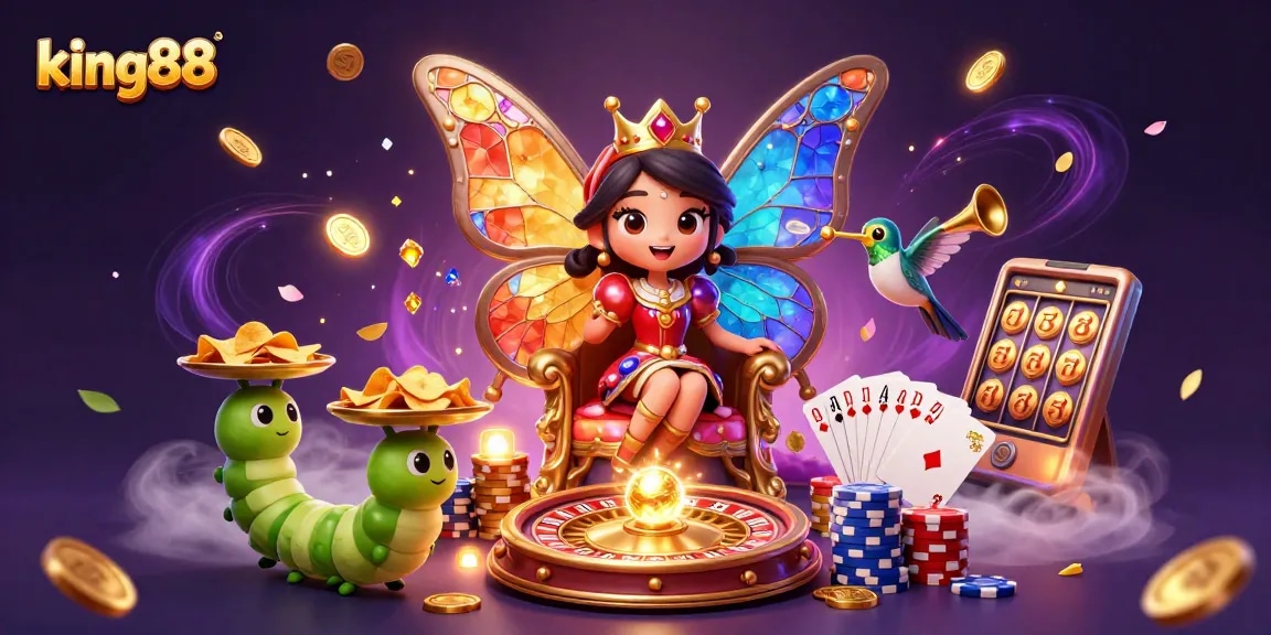 Engage with king88’s vibrant casino scene featuring a butterfly queen, roulette, and sparkling gems.