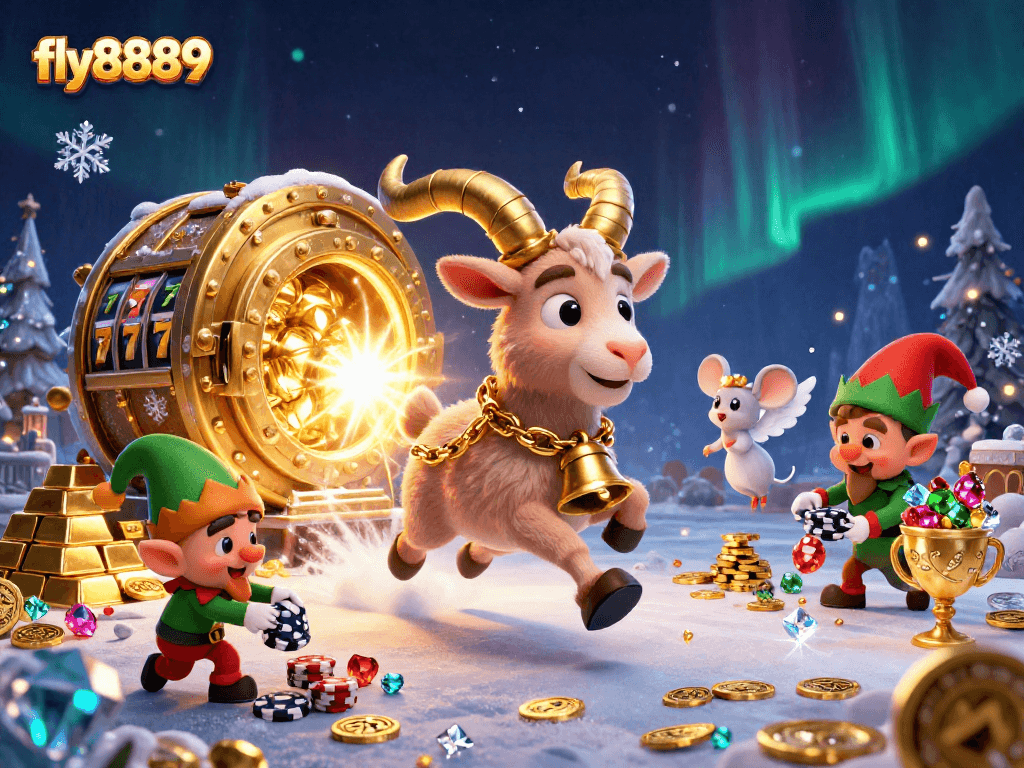Experience excitement at fly8889 while naughty elves steal poker chips at a holiday-themed casino.