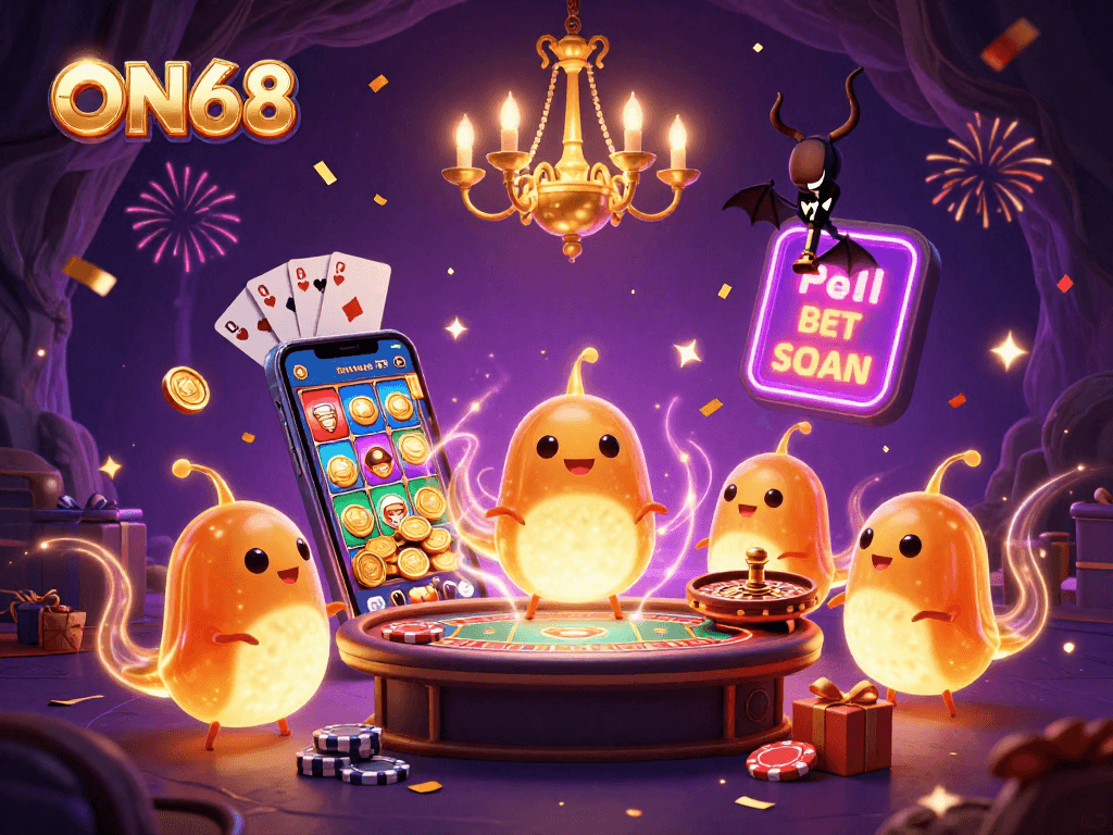 ON68 lights up the casino scene with glowworms and casino games showcasing lively gameplay.