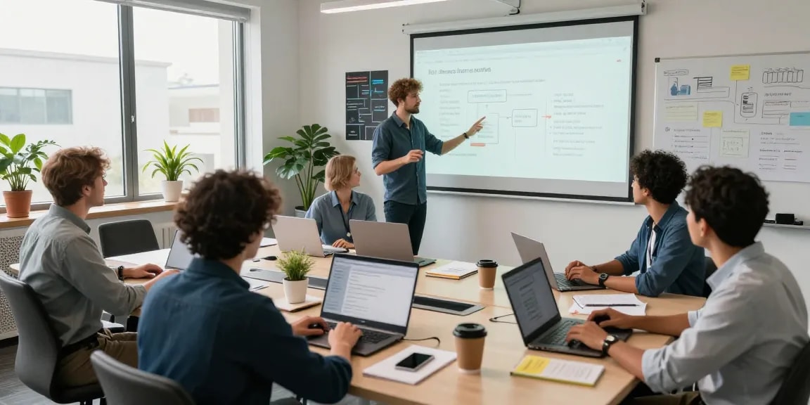 Build internal tools with AI in a dynamic workspace showcasing collaboration among diverse developers during tool presentation.
