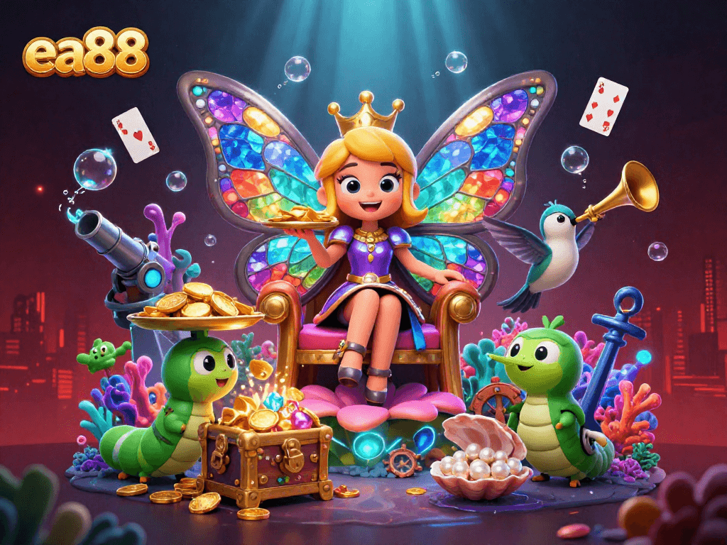 Engage with ea88's vibrant casino world, featuring a butterfly queen amid treasures and games.