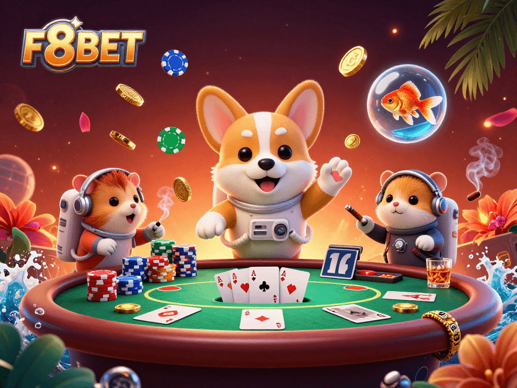 Join the fun at F8BET with floating coins and a poker table in a space casino scene.