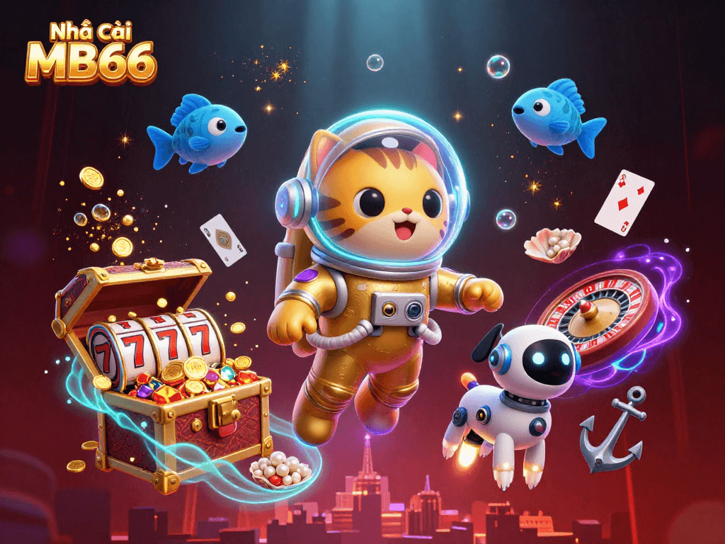 Experience thrilling wins with Nhà cái MB66 in this vibrant 3D casino-themed illustration.