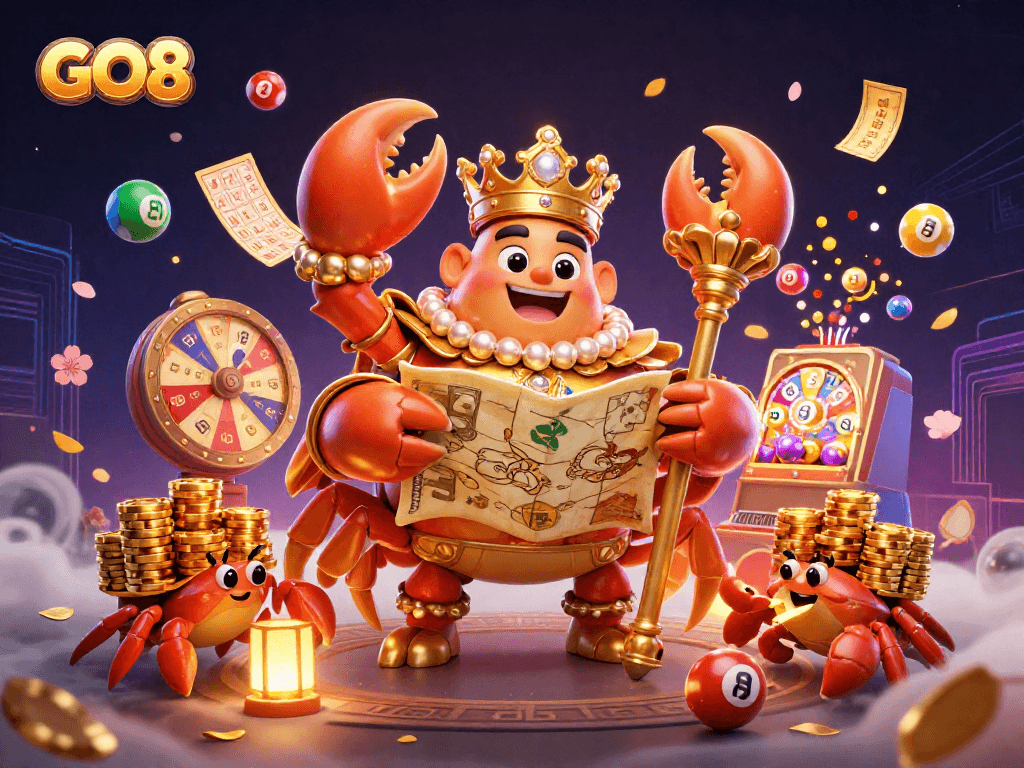 Engage with GO8's thrilling gaming experience, featuring the golden crab emperor among vibrant casino elements.