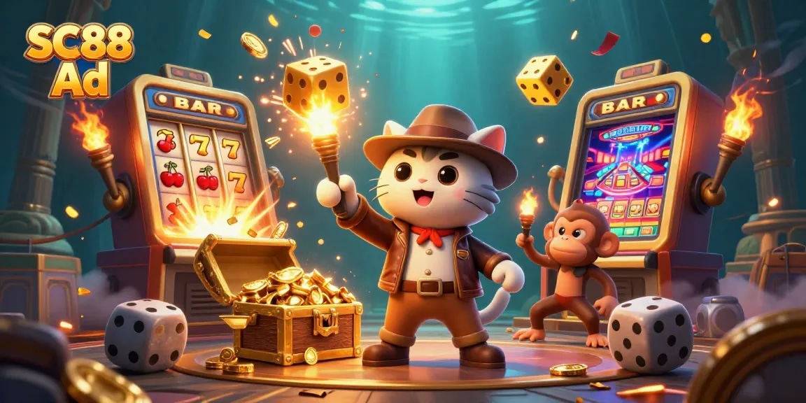 Experience thrilling wins with SC88 Ad in this vibrant casino adventure illustration.