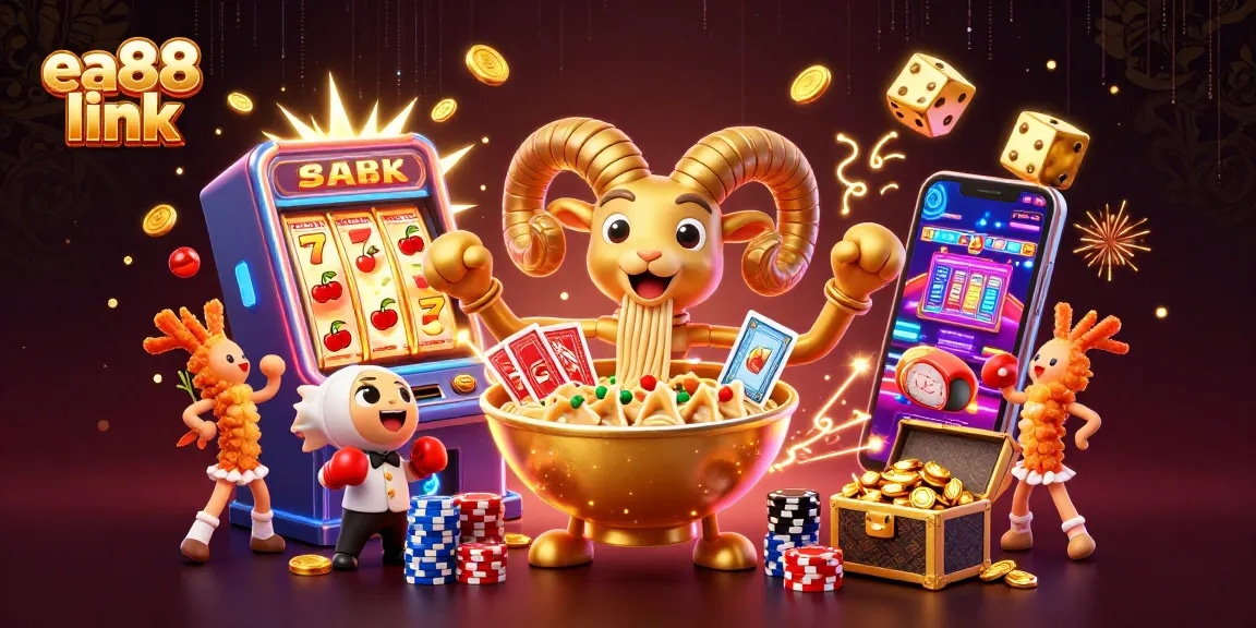 Experience the excitement of ea88 link with a whimsical 3D casino illustration featuring vibrant game elements and characters.