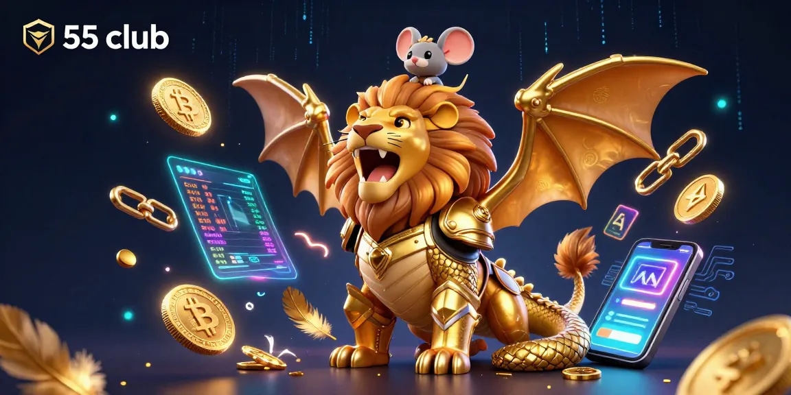 Engaging 55 club illustration showcasing a chimera and mouse jockey amidst Bitcoin and Ethereum elements.