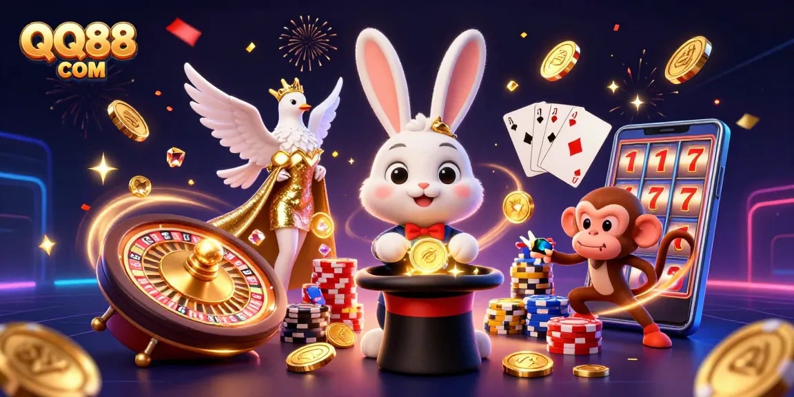 Experience the thrilling atmosphere of QQ88 COM with a magical casino scene featuring a rabbit, dove, and monkey amidst coins and cards.