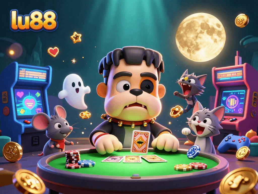 Lu88 characters deal cards at a spooky table surrounded by vibrant gaming elements in a magical casino scene.