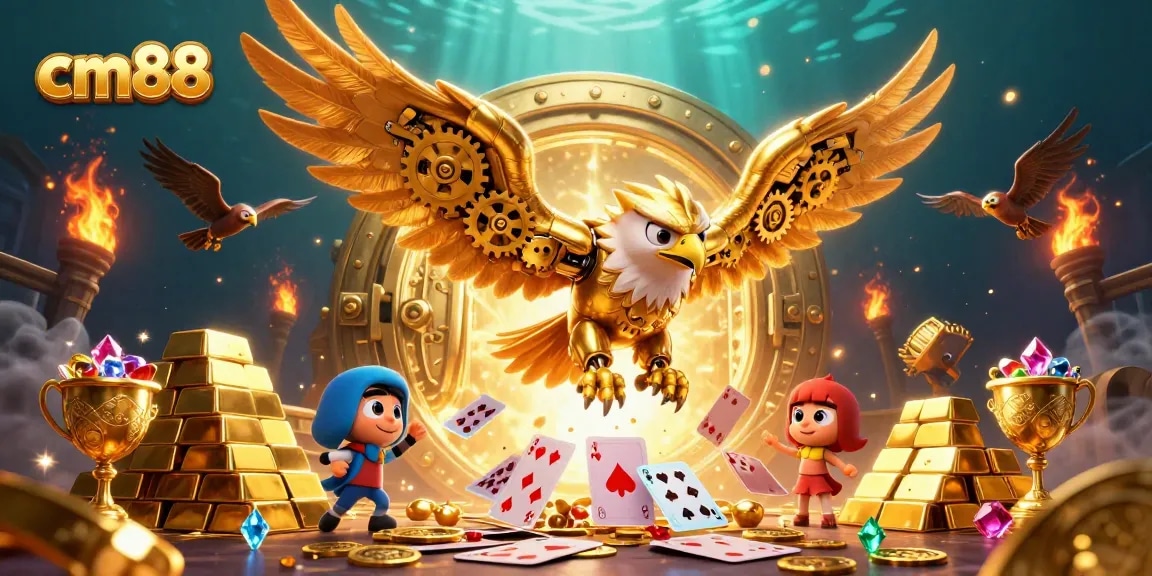 Experience thrilling gaming excitement at cm88 with a golden eagle soaring through cascading playing cards.