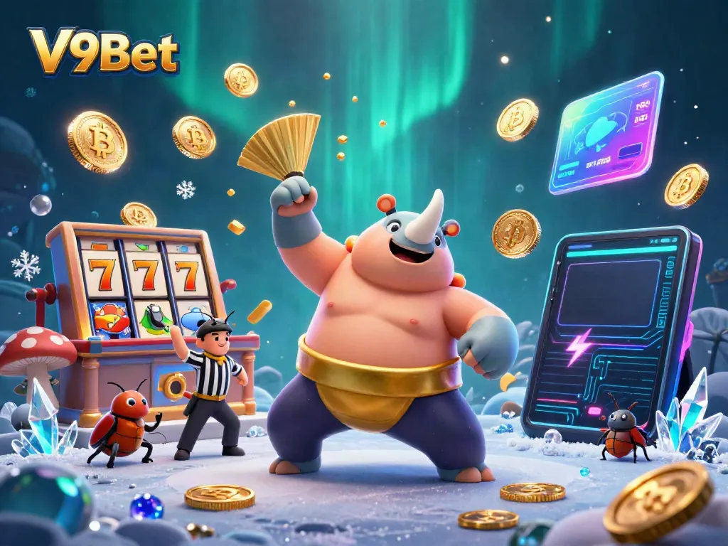 Experience the excitement of V9Bet with a dynamic casino scene featuring a sumo champion beetle and cryptocurrency elements.