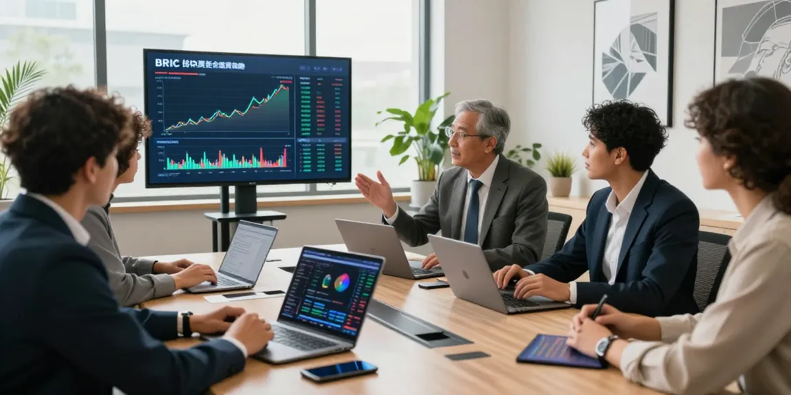 Investors discussing the advantages to buy in BRICS crypto in a modern conference room setting.