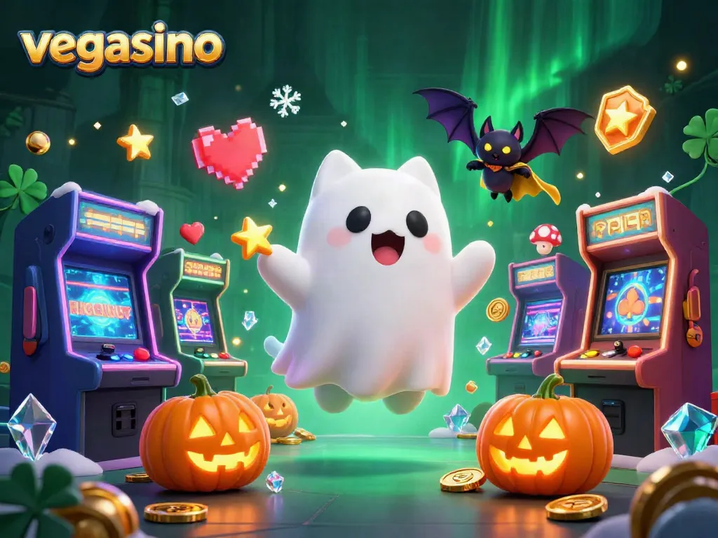 Engage with vegasino's lively 3D ghost cat and bat in a dynamic haunted casino scene.