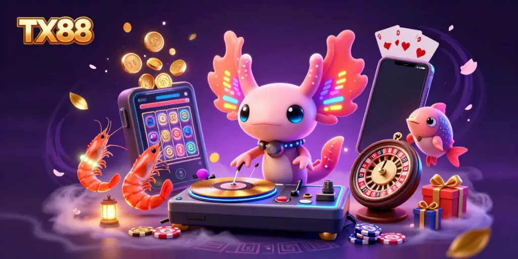 Experience the vibrant TX88 gaming scene with a lively axolotl DJ, shrimp dancers, and slot game action.