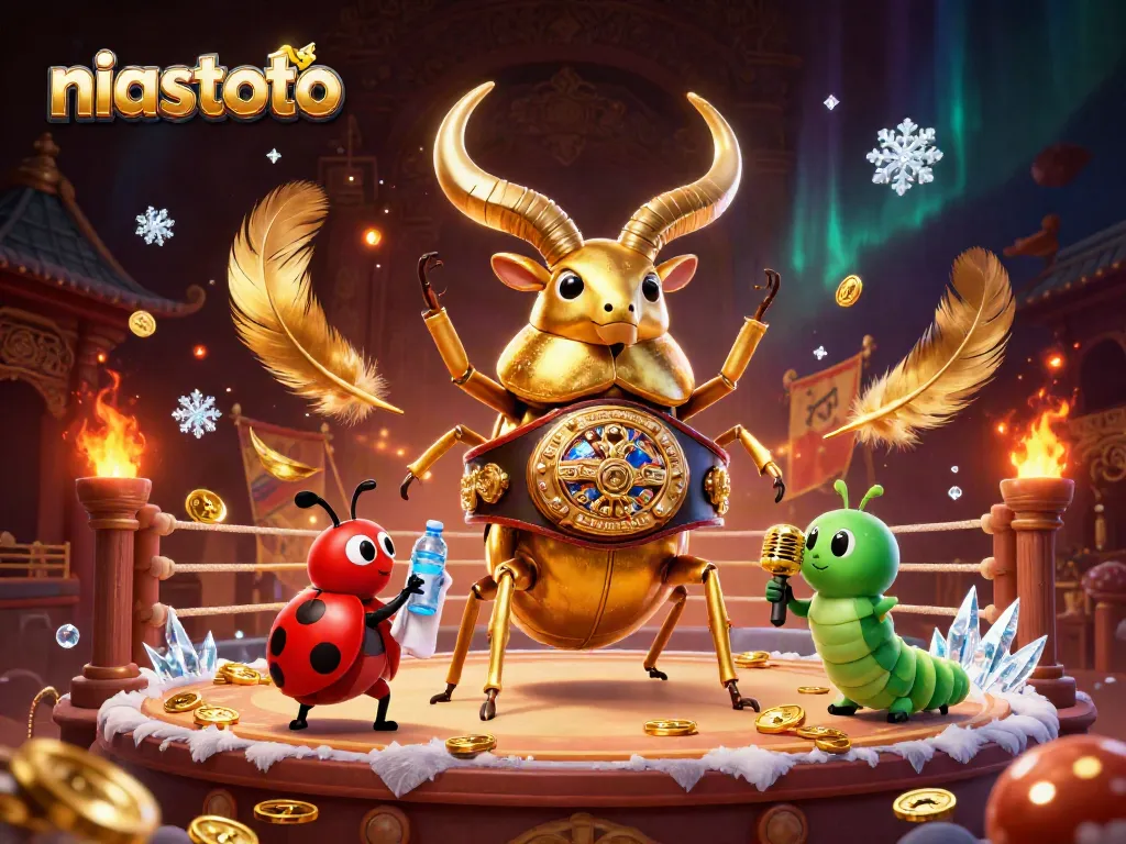 Gambaran arena pertarungan niastoto dengan karakter 3D berwarna cerah dan elemen kasino yang kaya.