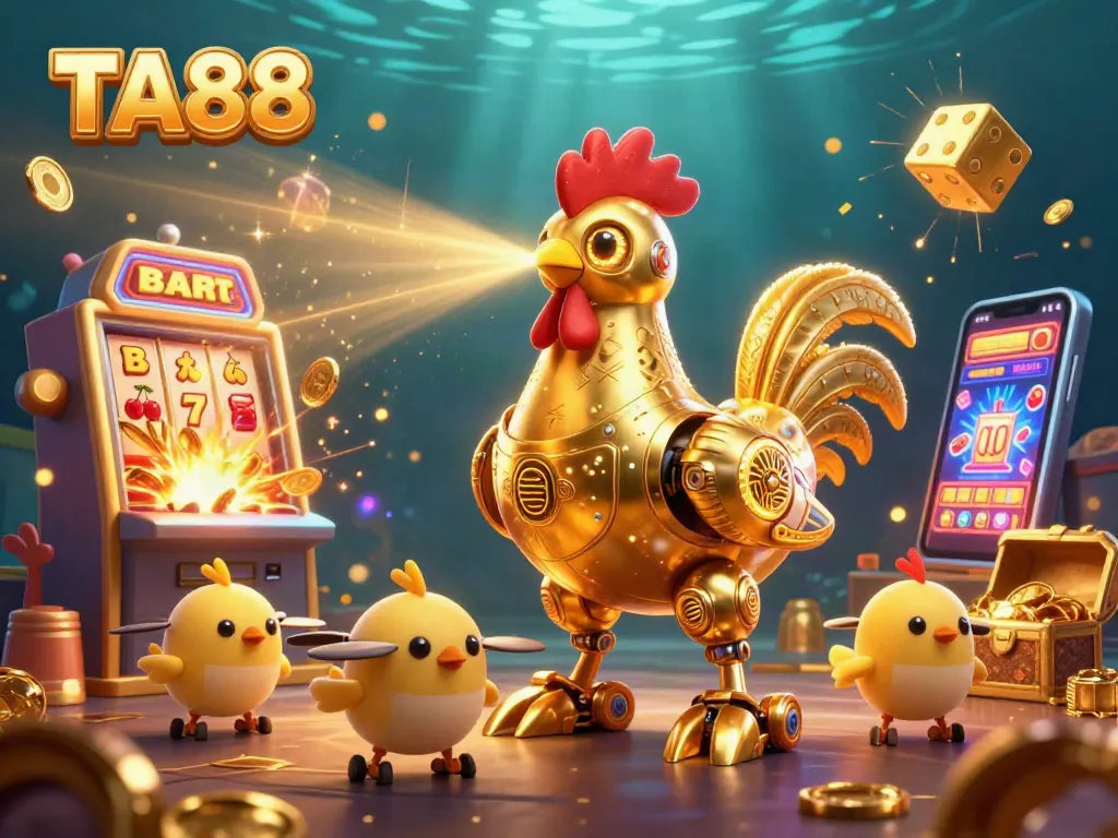 Experience excitement on TA88 with a vibrant scene showcasing a golden rooster robot amidst casino thrills.