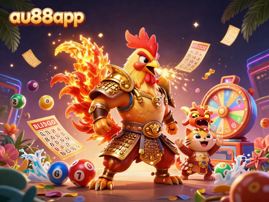 Engage with the vibrant gaming world of au88app featuring a rooster warrior, dragon hatchling, and fortune cat.
