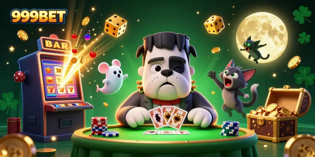 Engaging 3D scene showcasing 999BET with a Frankenstein bulldog dealing cards at a casino table, enhancing your gaming experience.
