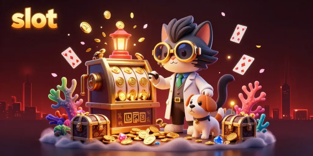 Spin the slot machine surrounded by treasure in this vibrant 3D casino scene.