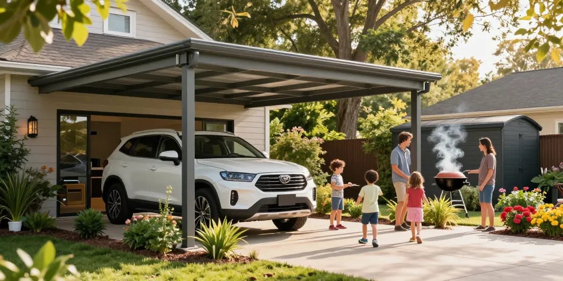 Moderne Carport mit einem Auto darunter, umgeben von Gartenpflanzen und einer Familie, die draußen spielt.