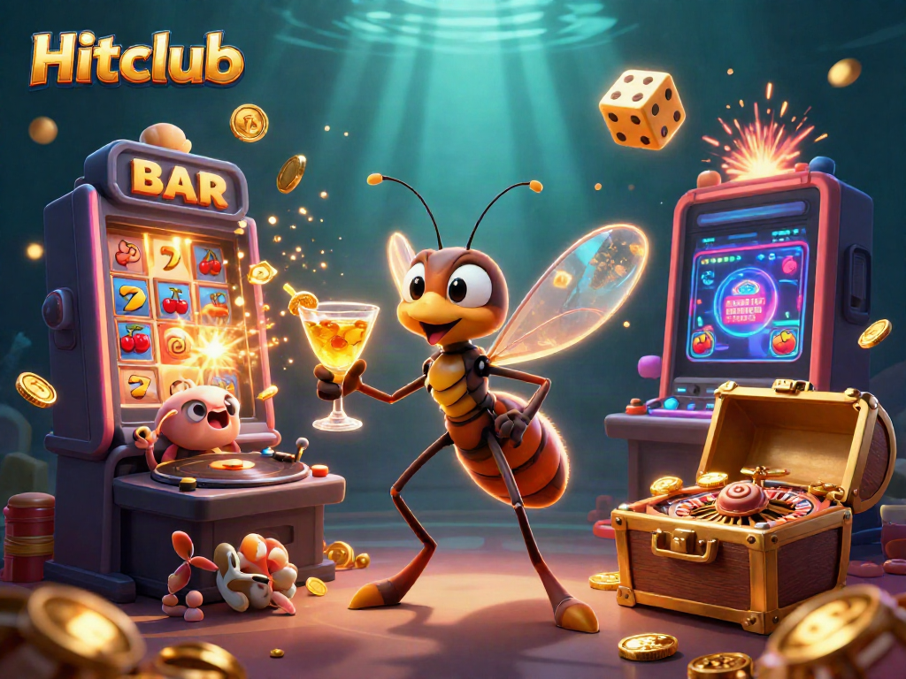 Hitclub casino mascot brings excitement with a vibrant slot machine and golden roulette elements.