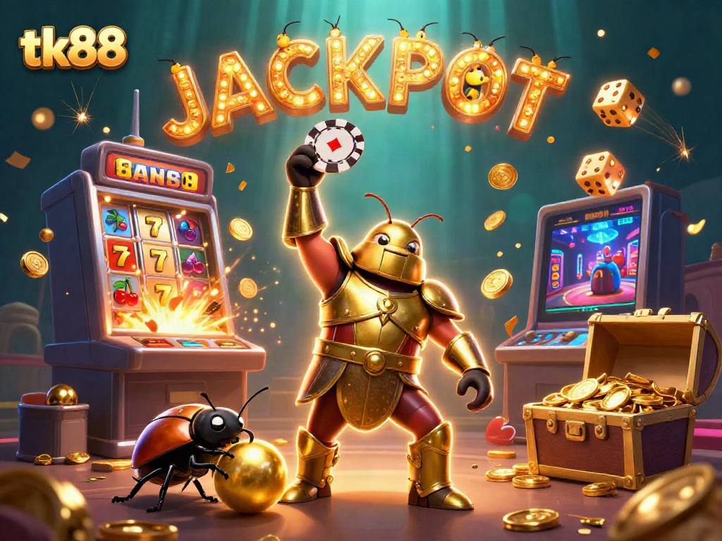 tk88's hercules beetle celebrates a jackpot win in a vibrant, dynamic casino scene.