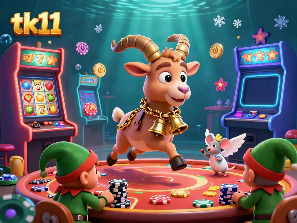Engage in thrilling casino action with tk11, featuring a festive Krampus goat and playful characters amidst vibrant slot machines.