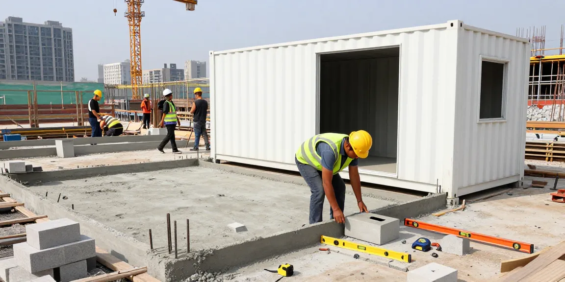 Fundament Container bei der Vorbereitung für den Bau mit Arbeitern und Betonfundamenten auf einer Baustelle.