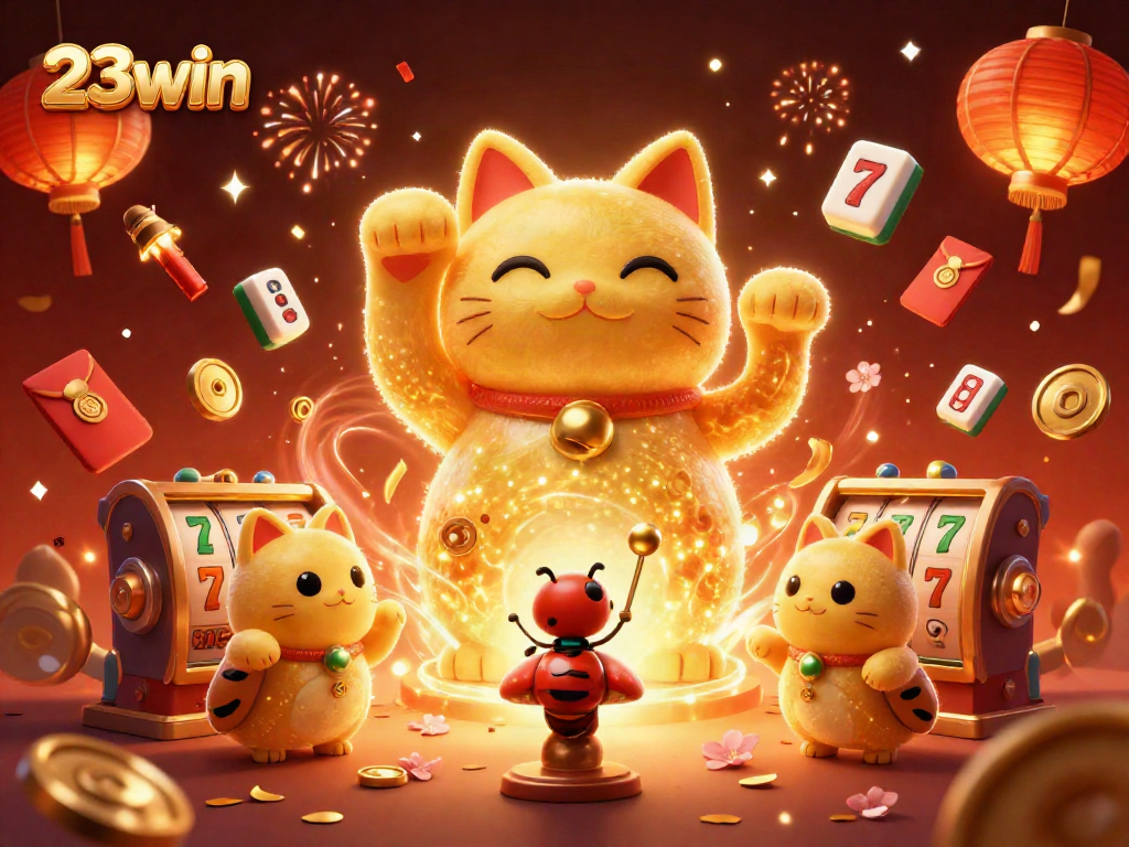 Experience the vibrant world of 23win, where golden fireflies shape a lucky cat among casino symbols.