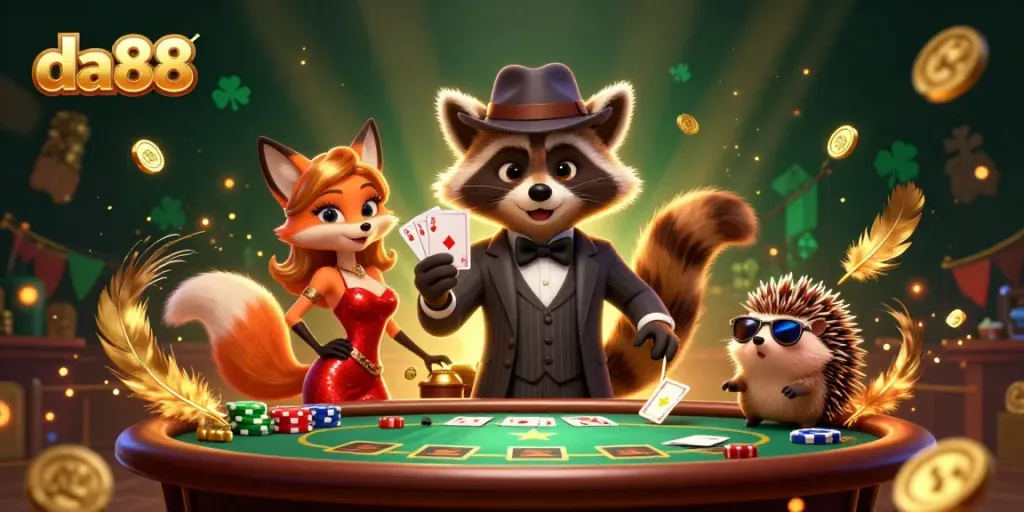 Play poker with da88 featuring a suave raccoon, a dazzling fox, and a cool hedgehog in a vibrant casino scene.