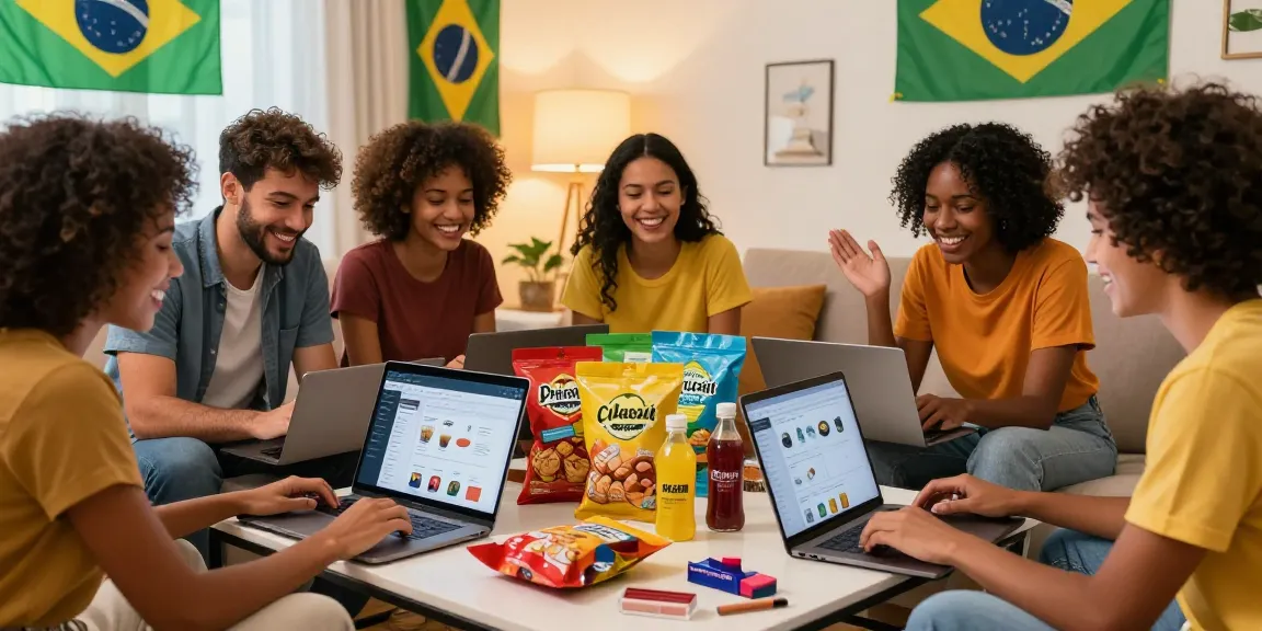 Eine Gruppe von Freunden zeigt Online-Produkte, einschließlich brasilianischer Snacks, Getränke und Kosmetika, in einem einladenden Wohnzimmer.