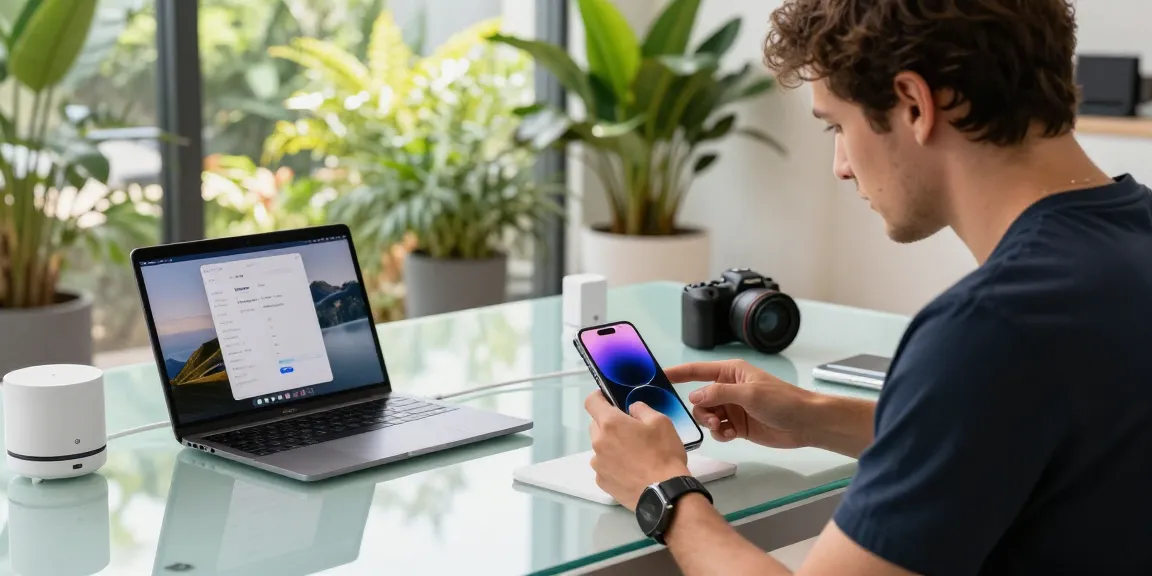 Exploring the features of the iPhone 17 in a modern tech workspace, showcasing its 48MP camera in a bright, inviting setting.