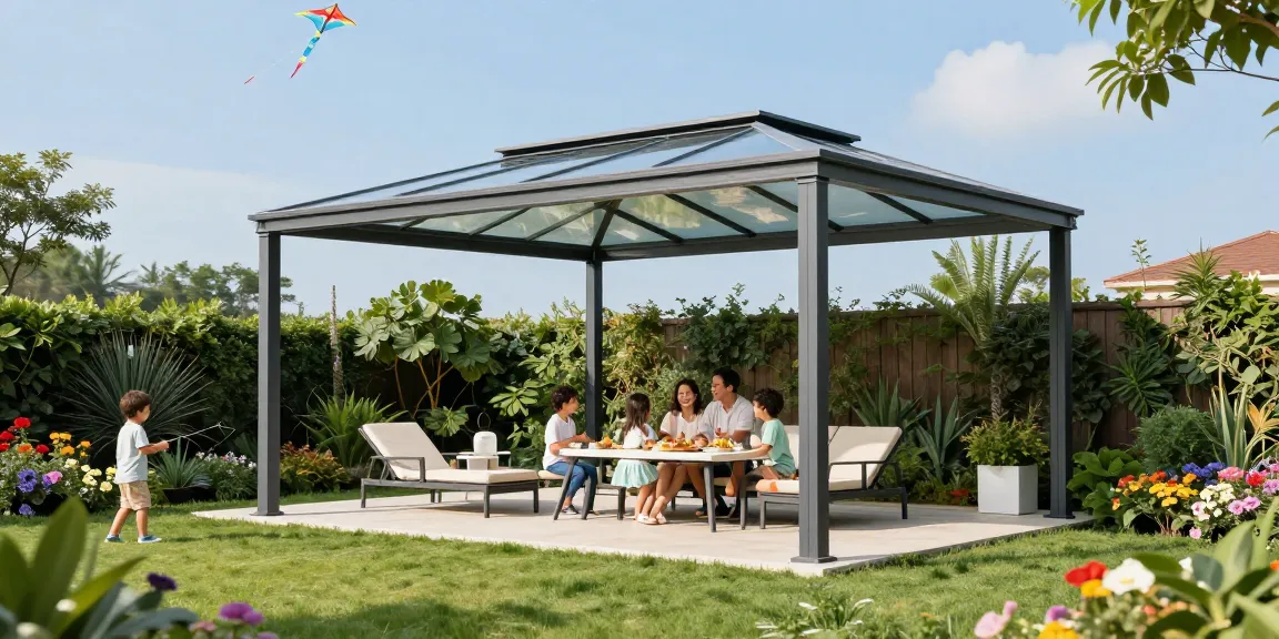Terrassenüberdachung freistehend im Garten mit Familie, entspannte Atmosphäre.