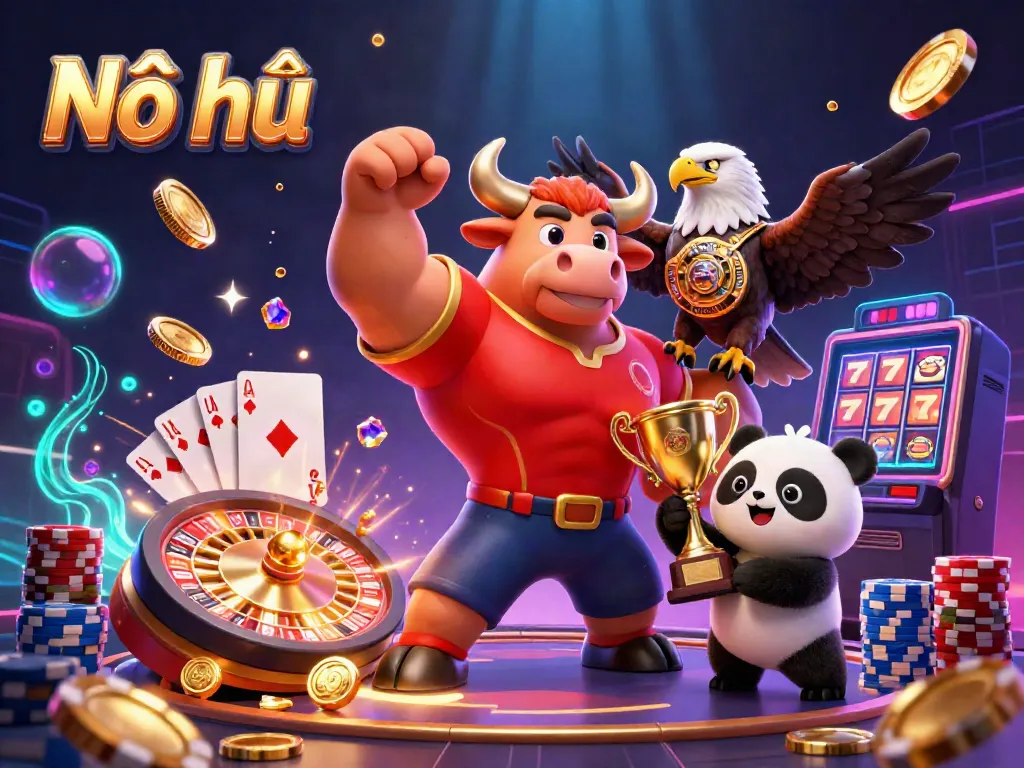 Cascade of golden coins and gems from the game Nổ hũ enhances the lively casino scene.