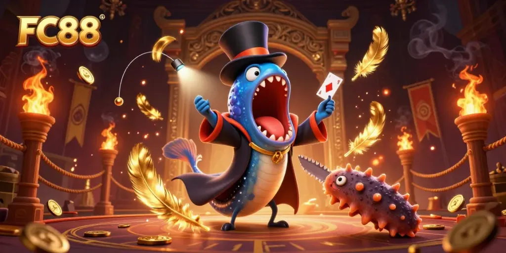 FC88 showcases a magical scene with bioluminescent eel, anglerfish, and sea cucumber performing at a vibrant, dynamic casino.
