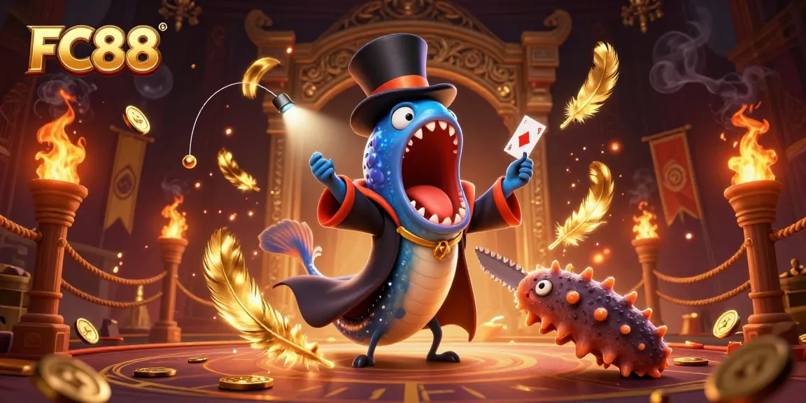 FC88 showcases a magical scene with bioluminescent eel, anglerfish, and sea cucumber performing at a vibrant, dynamic casino.