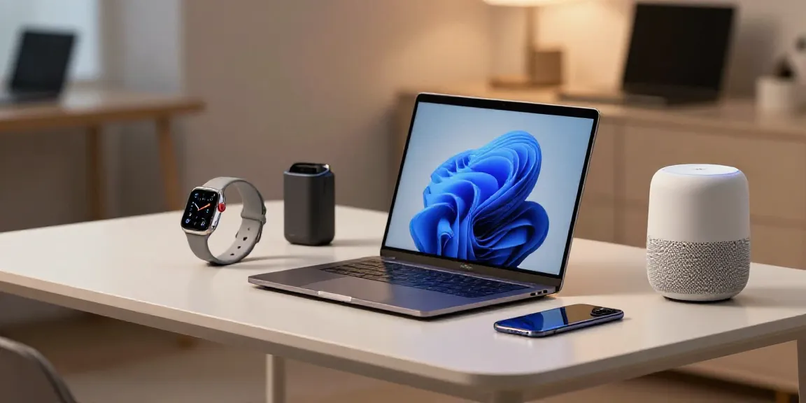Gadgets wie Smartwatch und Laptop in modernem Design und innovativer Technologie.