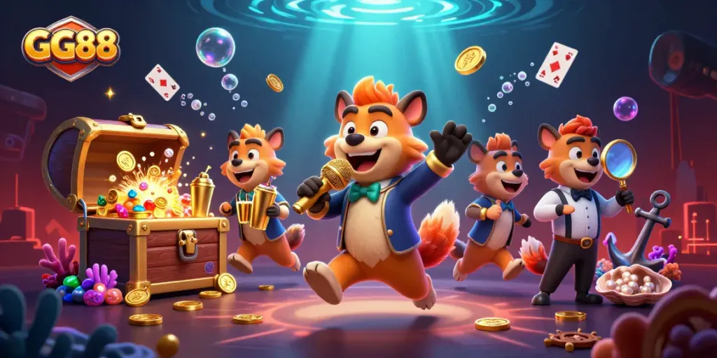 GG88 hyenas entertain at a vibrant casino club with comedy and cocktails amidst underwater treasures.