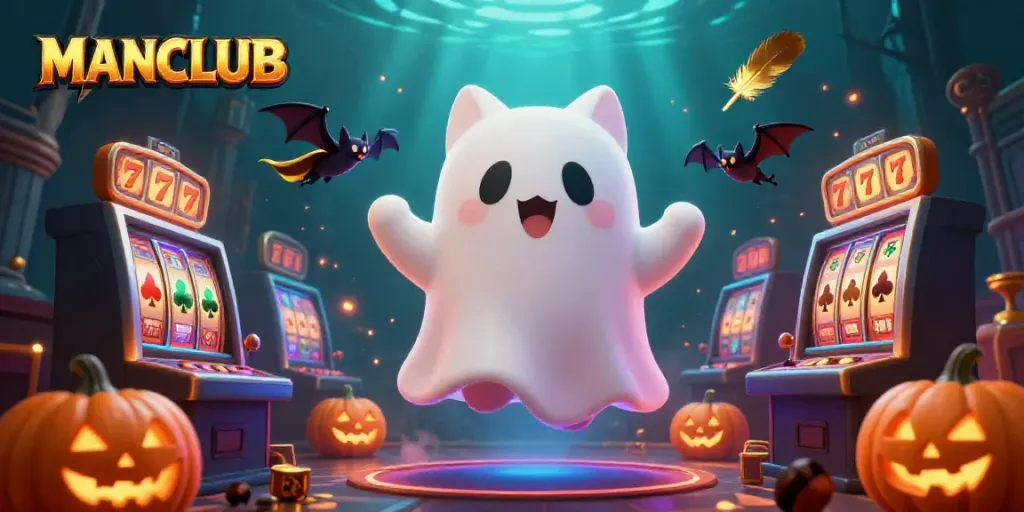 Engage with the vibrant casino spirit through the ghost cat in the MANCLUB illustration.