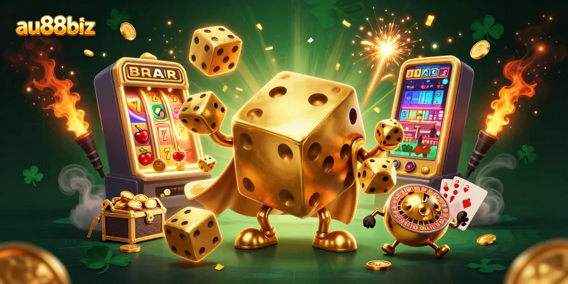 Engage with exciting games at au88biz, featuring a vibrant 3D casino illustration with golden dice and jackpots.